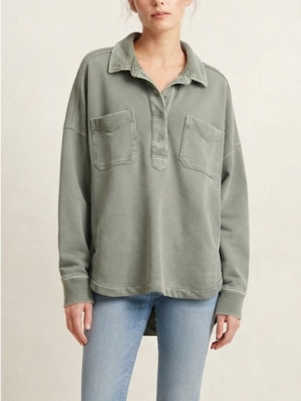 Aerie Polo Sweatshirt Green Sage Long Sleeve Dual Pocket Size XL Oversized